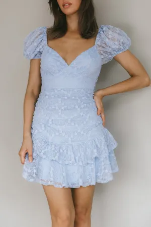 Annabella Puff Sleeve Tied Back Lace Dress Blue