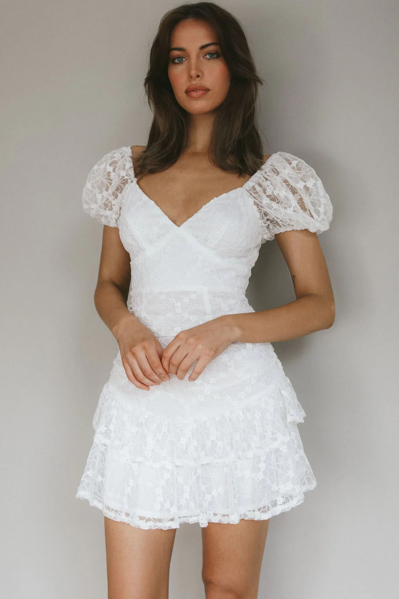 Annabella Puff Sleeve Tied Back Lace Dress White