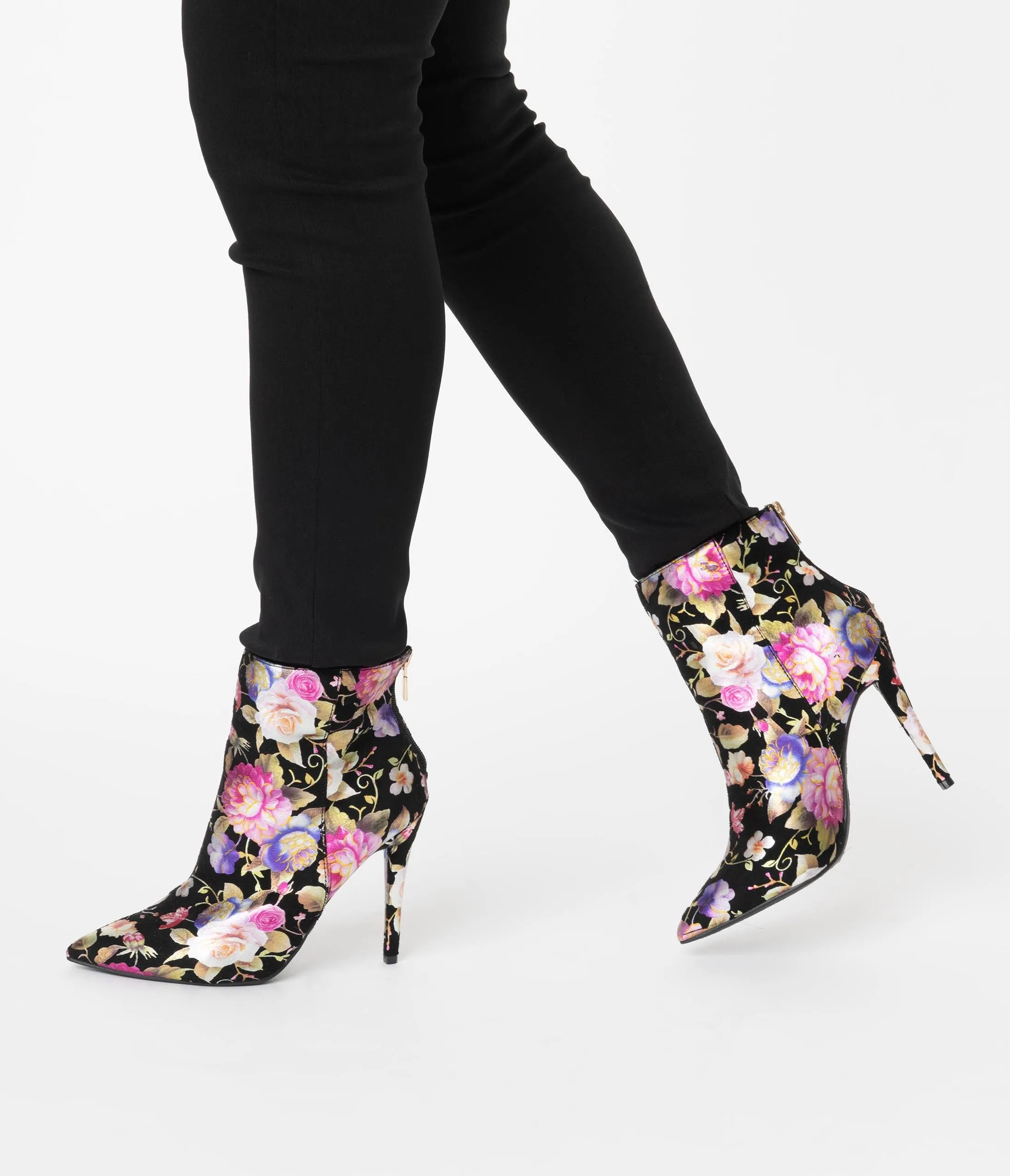 Black & Gleaming Floral Suede Stiletto Bootie