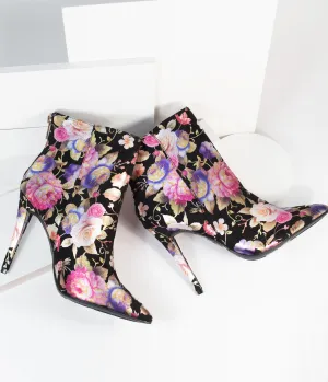 Black & Gleaming Floral Suede Stiletto Bootie