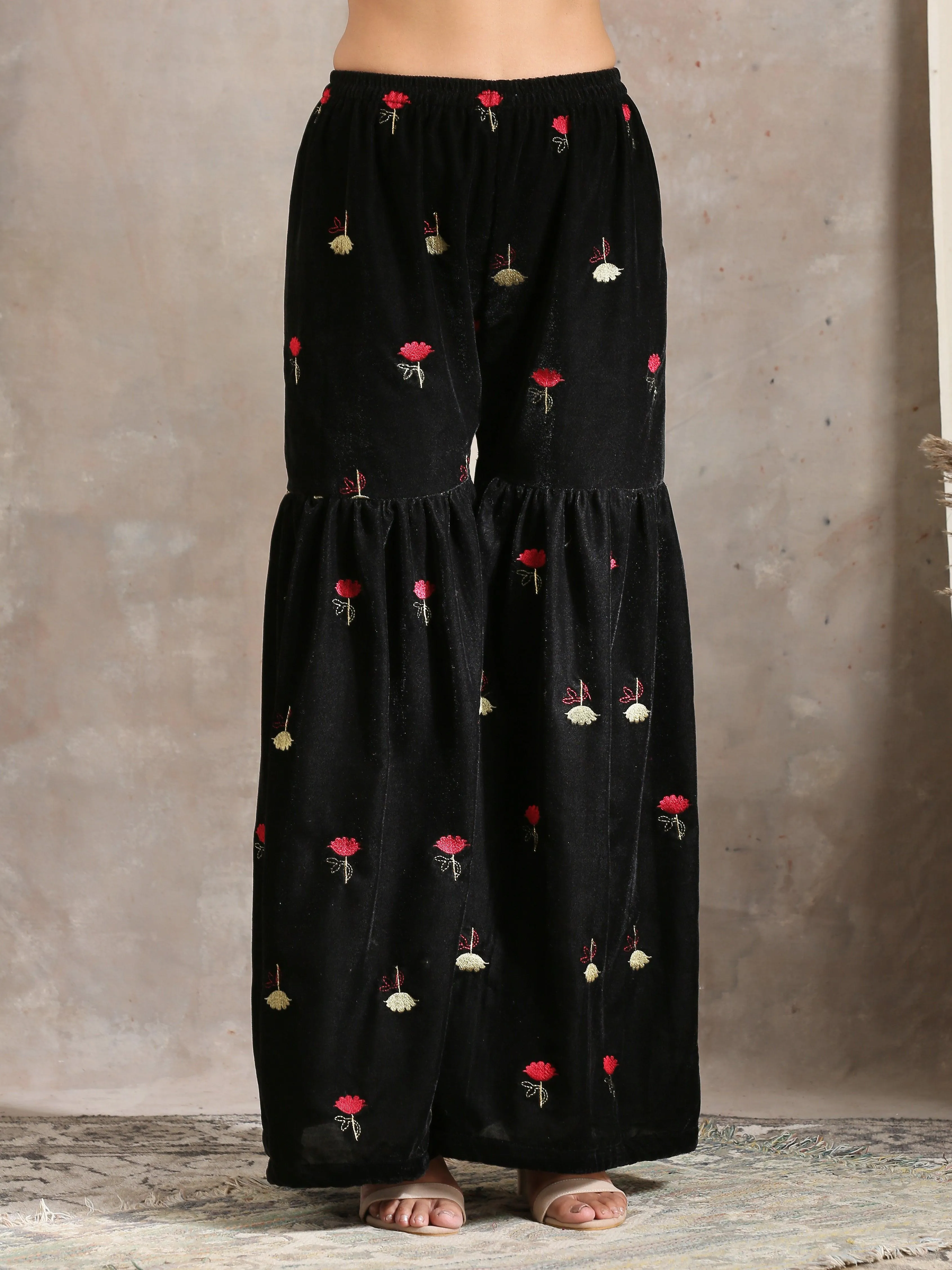 Black Velvet Embroidered Kurta Sharara Set