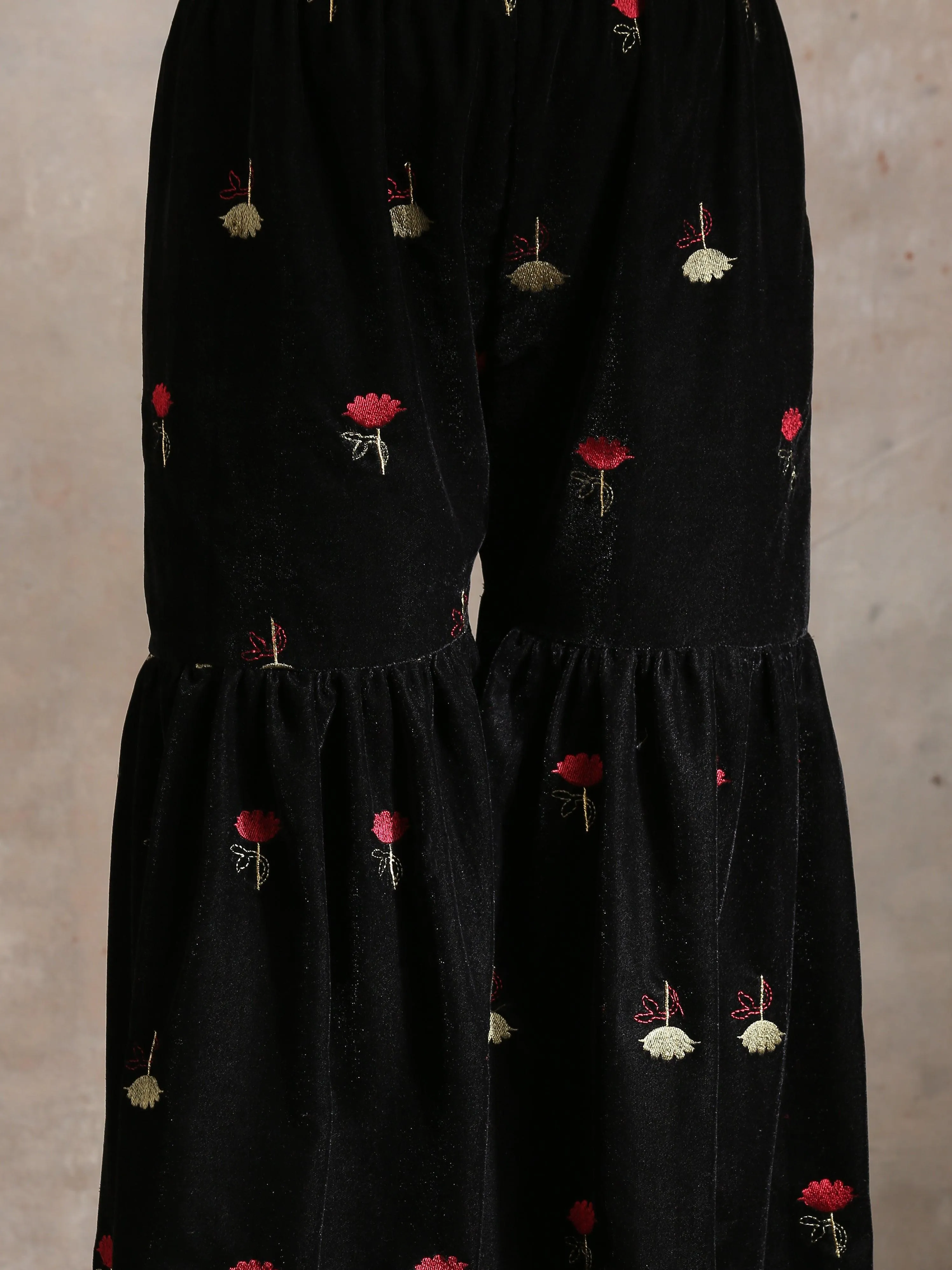 Black Velvet Embroidered Kurta Sharara Set