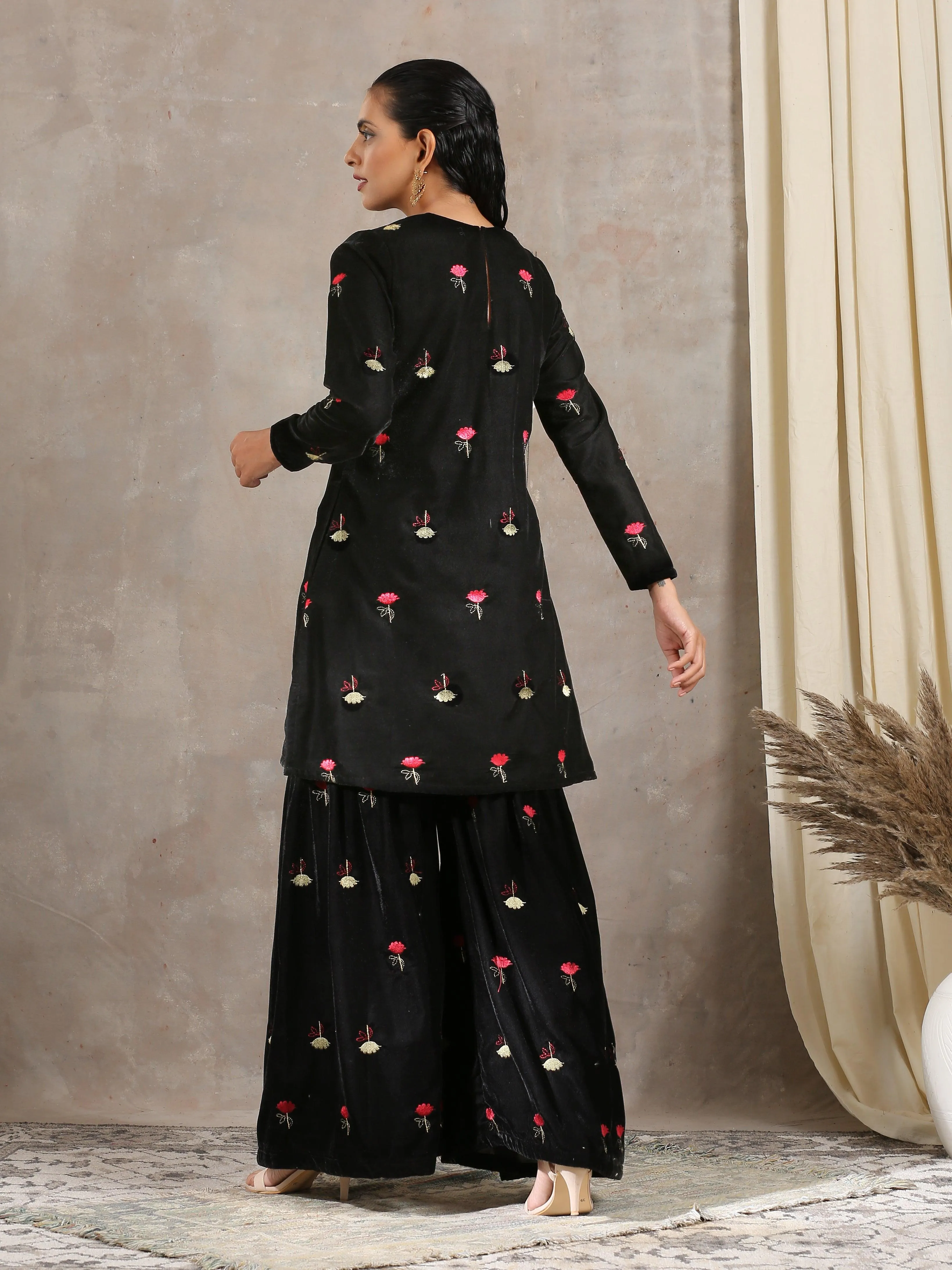 Black Velvet Embroidered Kurta Sharara Set