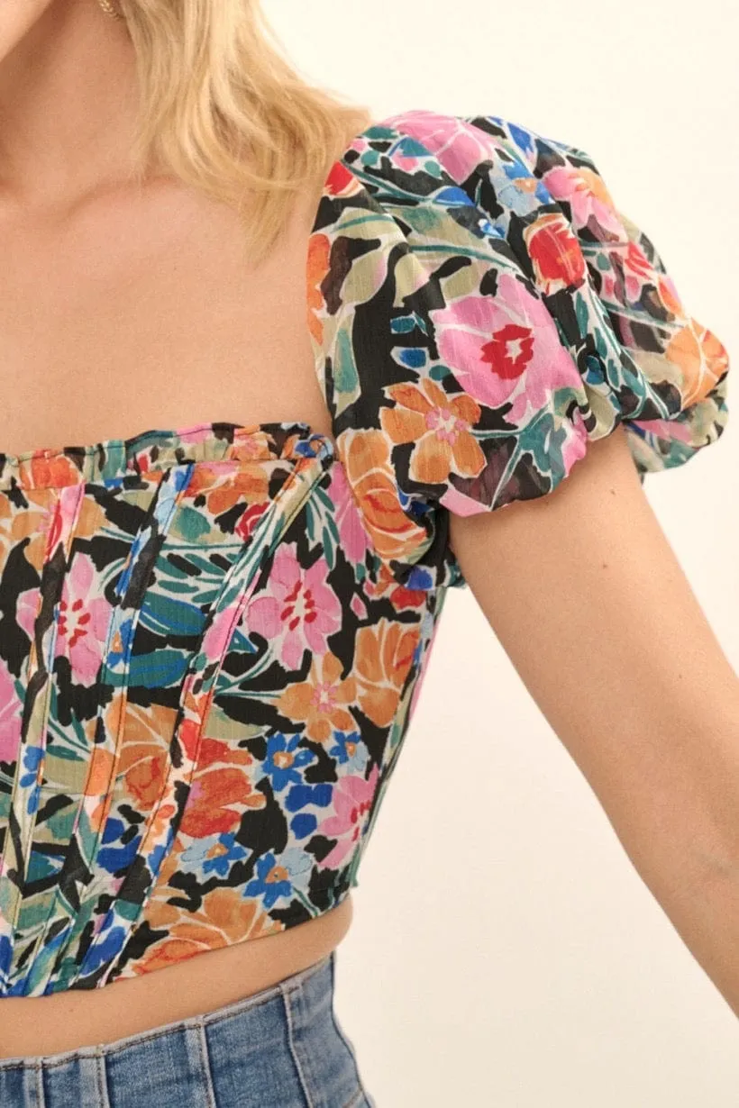 Corset Top Elegant Floral Print Puff Sleeves