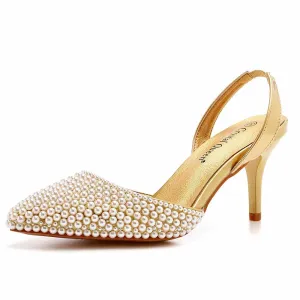 Evening dress shoes for womens -Closed toe pearl heels