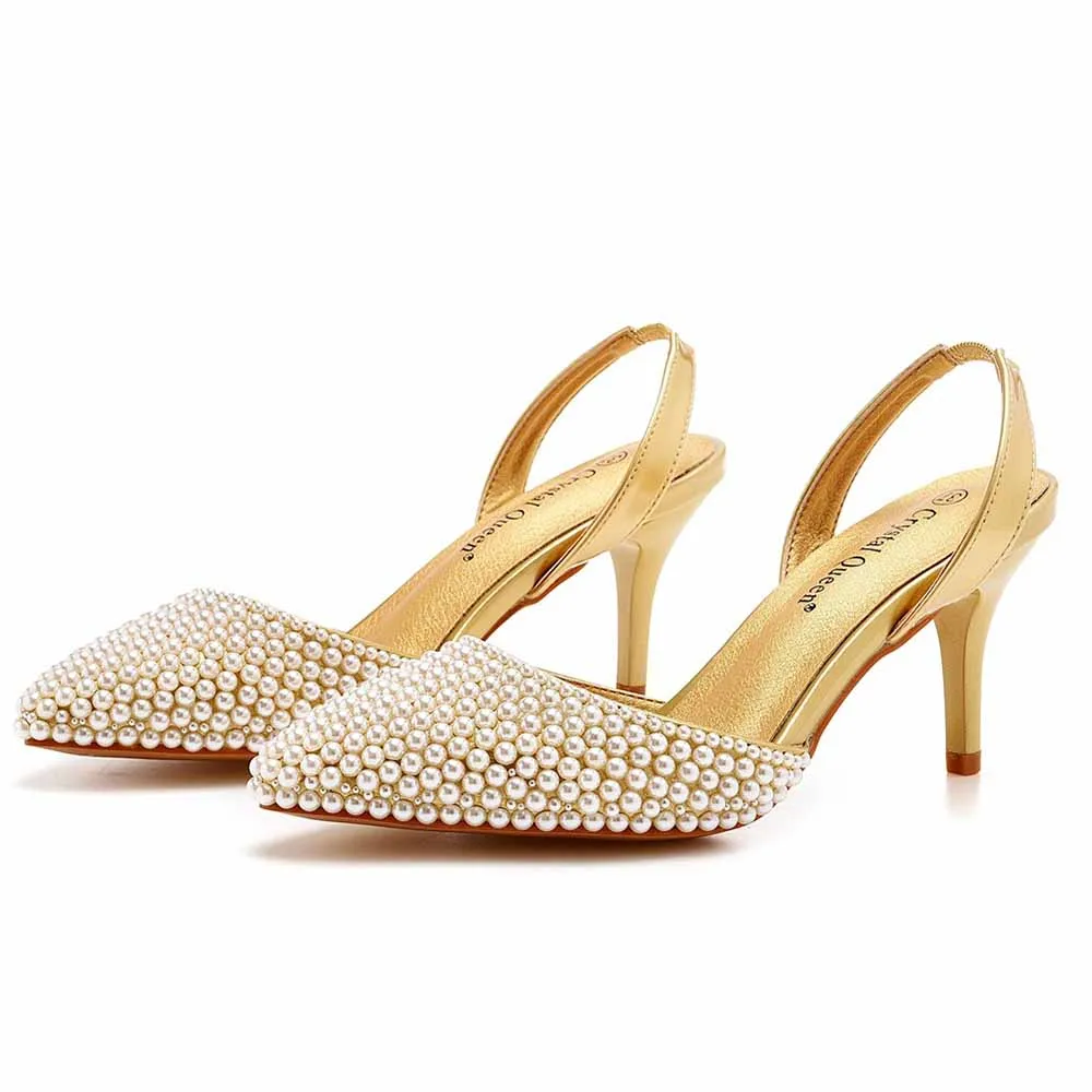 Evening dress shoes for womens -Closed toe pearl heels