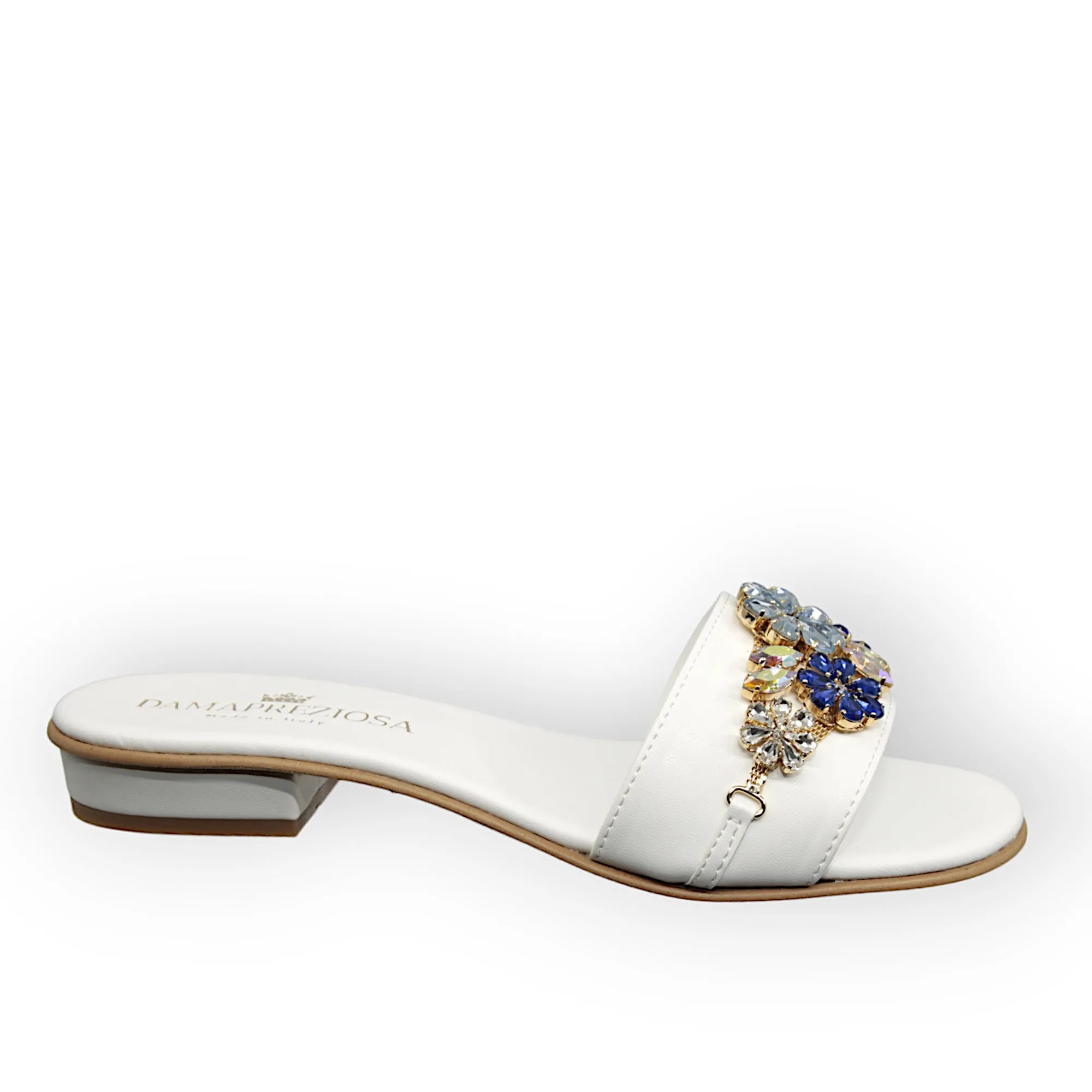 Flora White  Flat Mule Sandals With Sapphire Crystals Flat