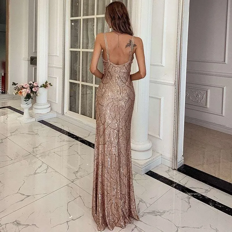 Glow Chic's V-Neck Sequin Spaghetti Strap Maxi Dress - Elegant Party Dress