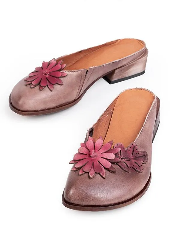 Gorgeous Leather Flower Decorated Round Toe Mules&Slides