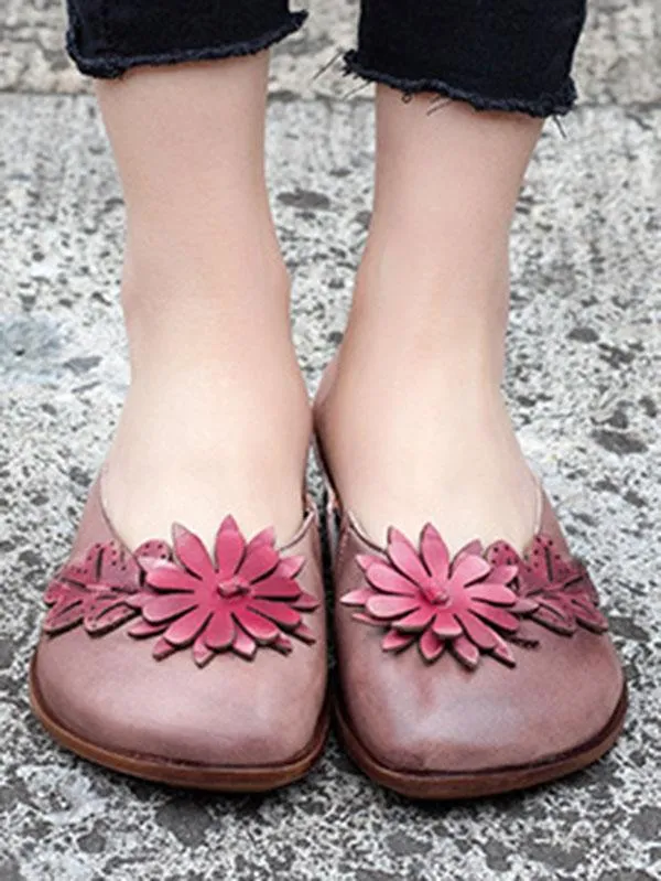 Gorgeous Leather Flower Decorated Round Toe Mules&Slides