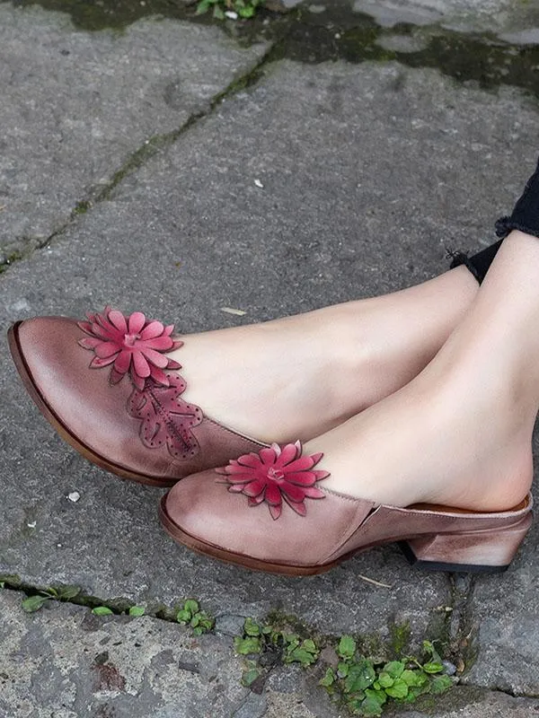 Gorgeous Leather Flower Decorated Round Toe Mules&Slides