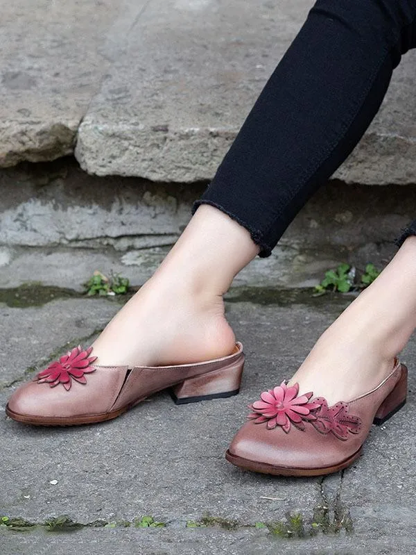 Gorgeous Leather Flower Decorated Round Toe Mules&Slides