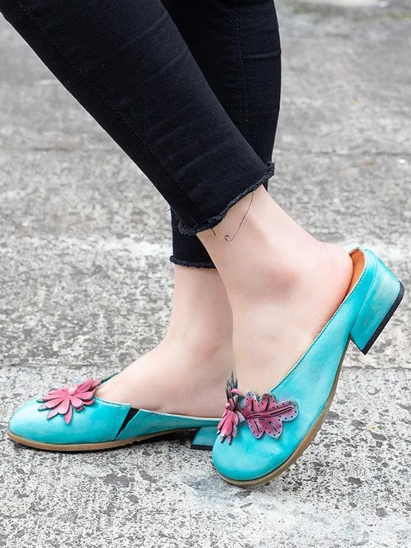 Gorgeous Leather Flower Decorated Round Toe Mules&Slides