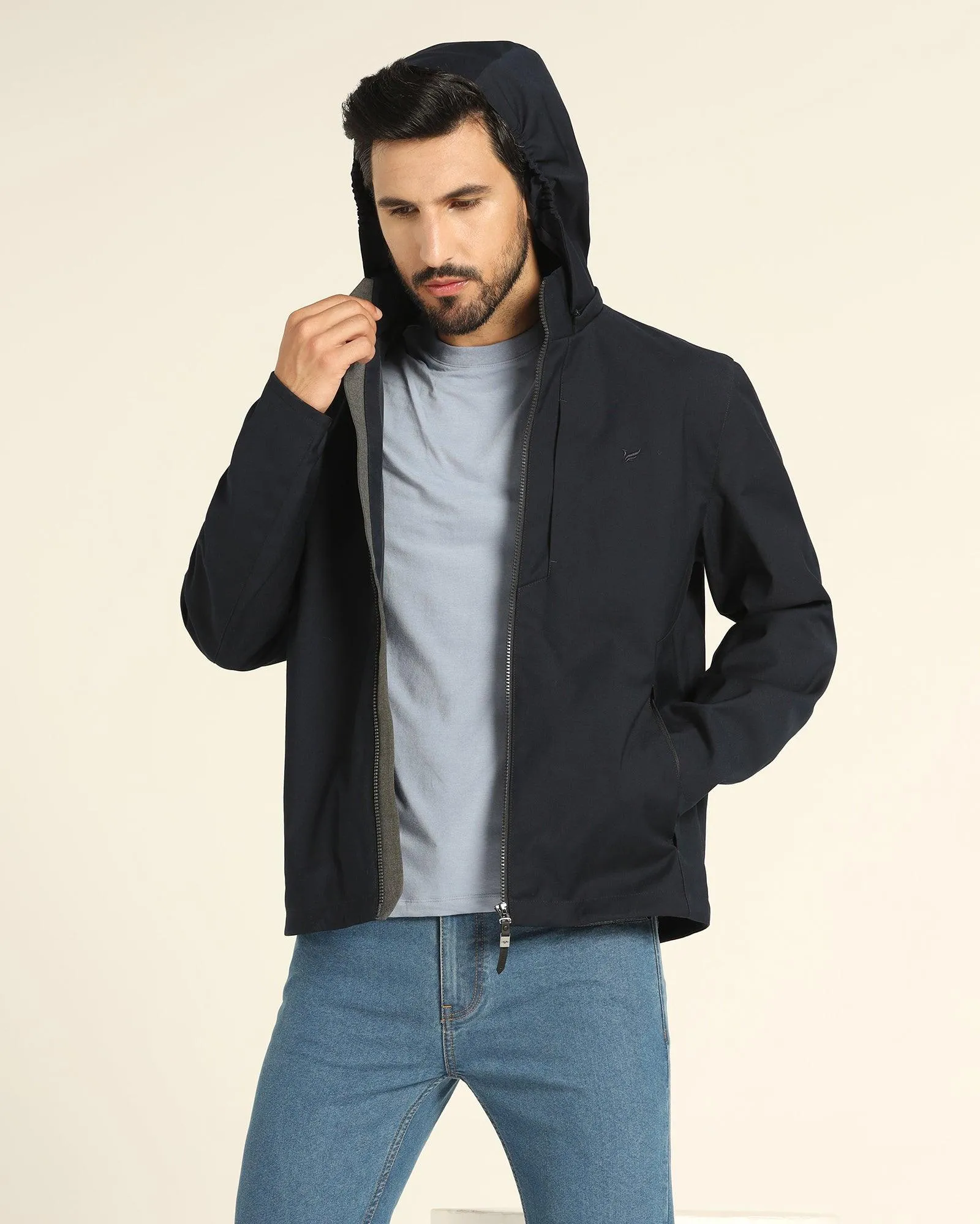 Hoodie Dark Blue Solid Zipper Jacket - Liam