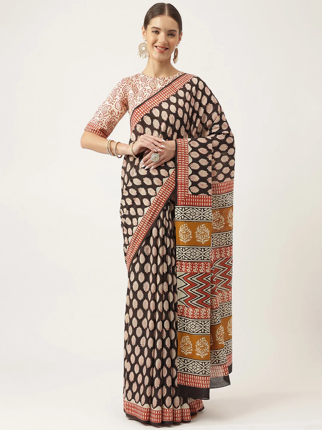 Jashvi Black & Beige HandBlock MulMul Cotton Saree