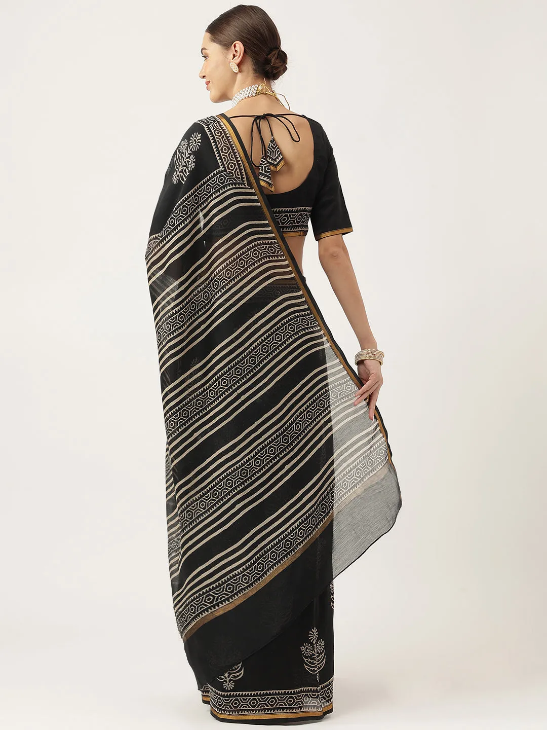 Jashvi Black HandBlock Chanderi Silk Saree