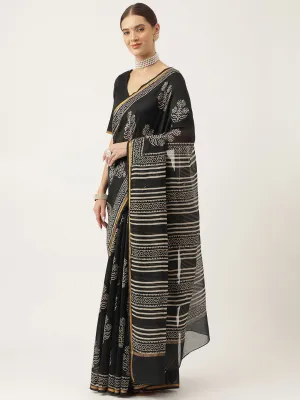 Jashvi Black HandBlock Chanderi Silk Saree