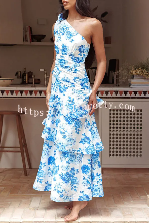 Kenny Floral Print Bow One Shoulder Ruched Tiered Ruffle Maxi Dress