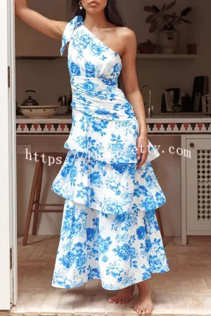 Kenny Floral Print Bow One Shoulder Ruched Tiered Ruffle Maxi Dress