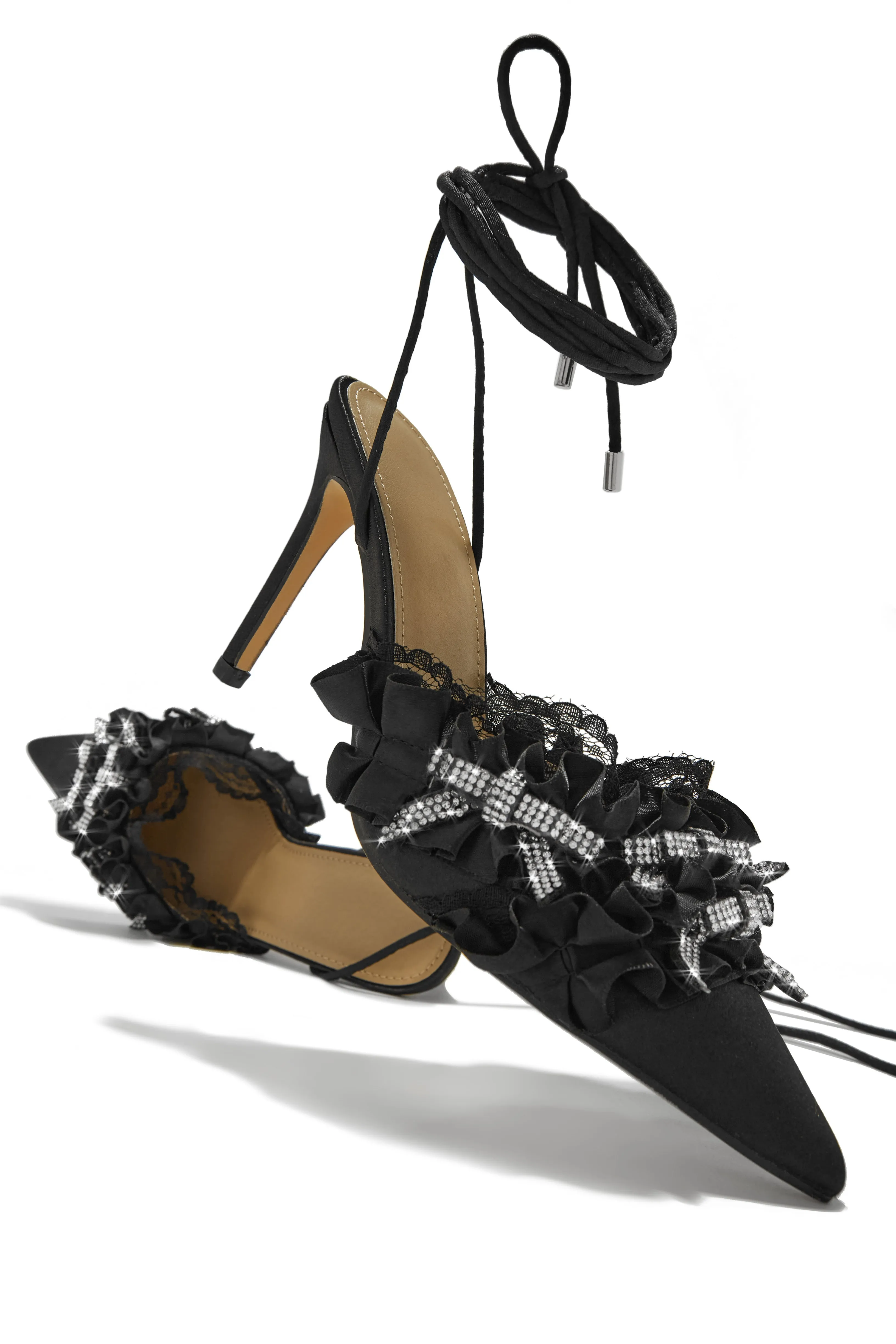 La Beauté Embellished Lace Up Pump Heels - Black