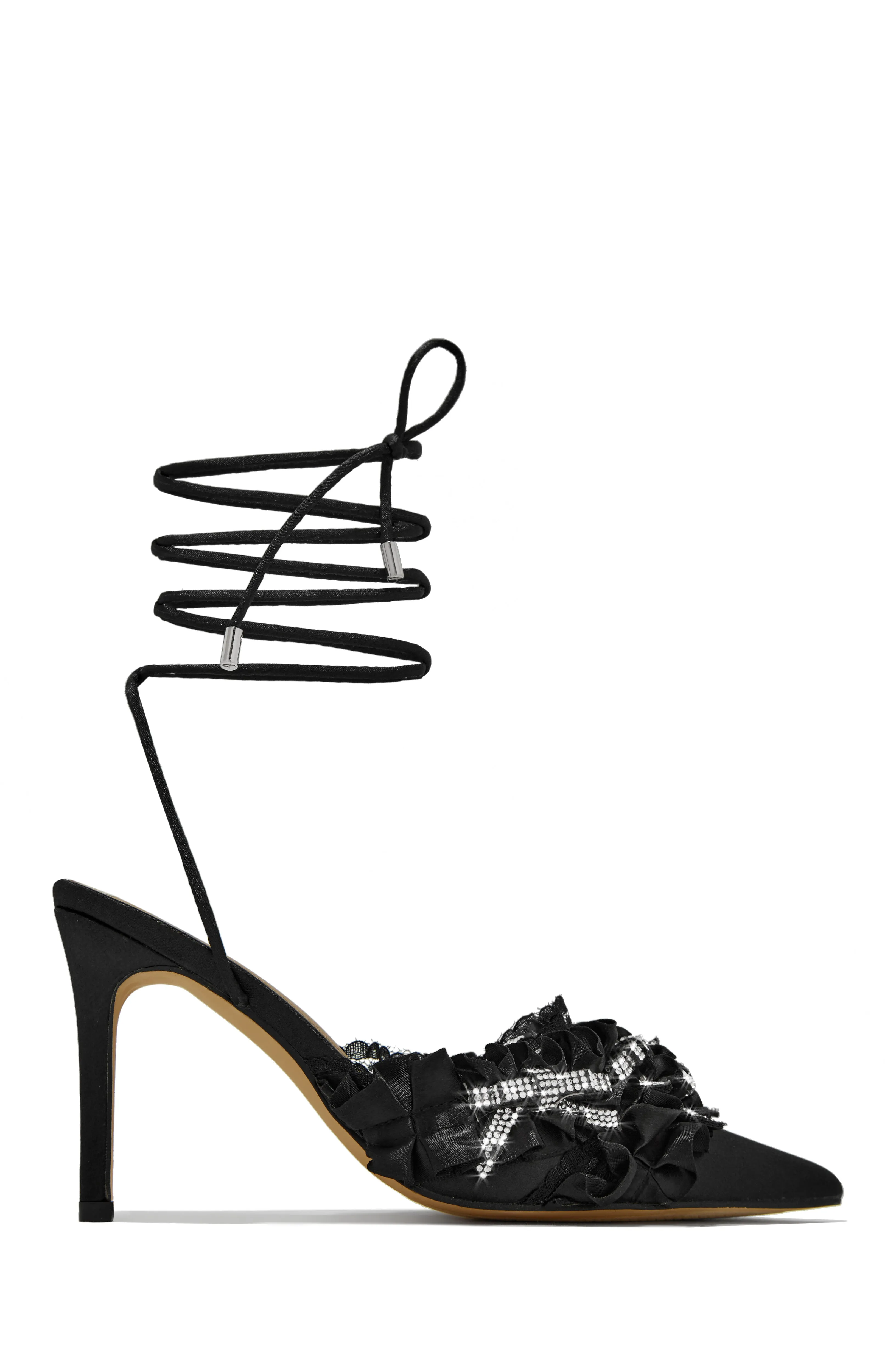 La Beauté Embellished Lace Up Pump Heels - Black