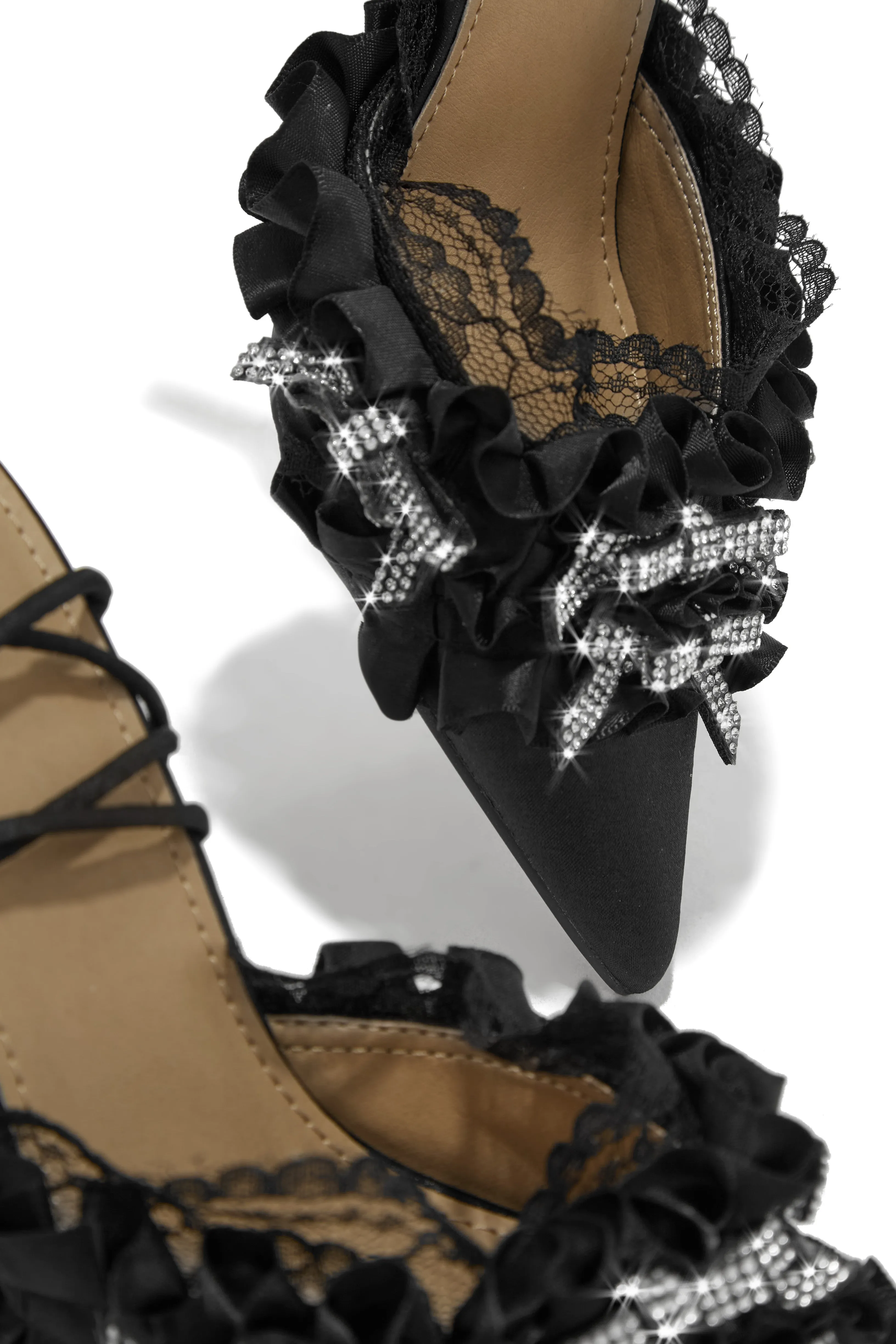 La Beauté Embellished Lace Up Pump Heels - Black