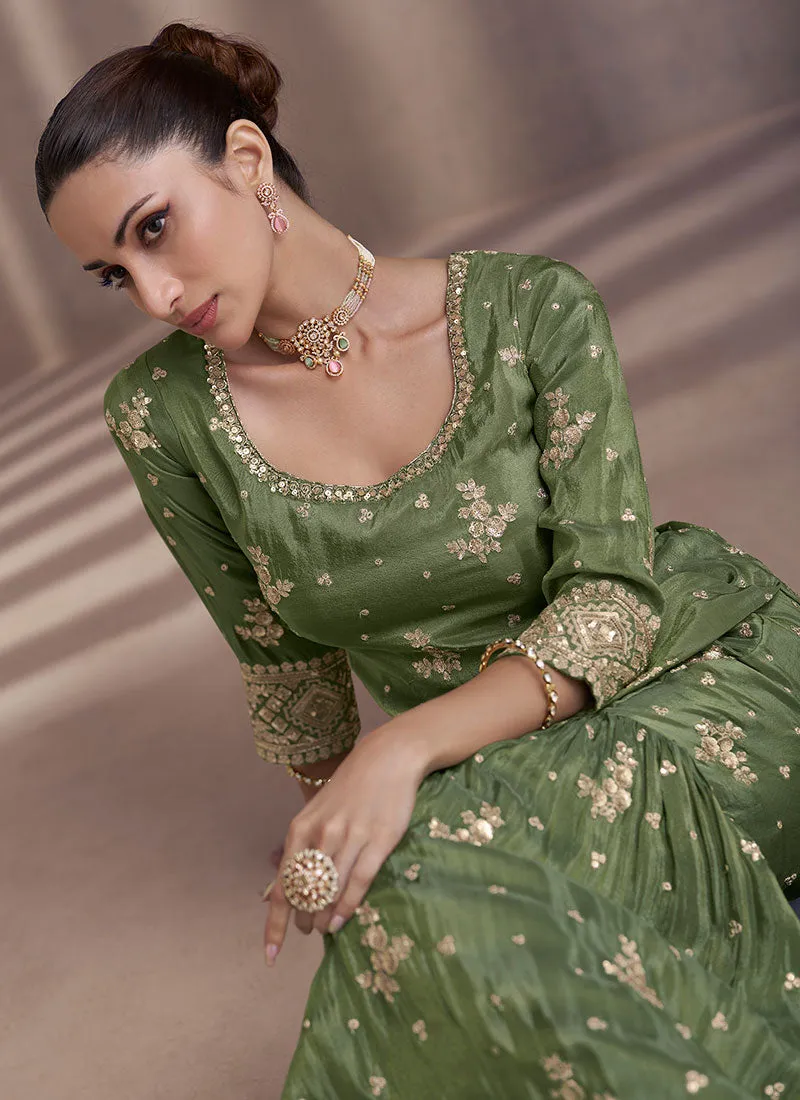 Leaf Green All Over Sequence Embroidery Designer Sharara Suit