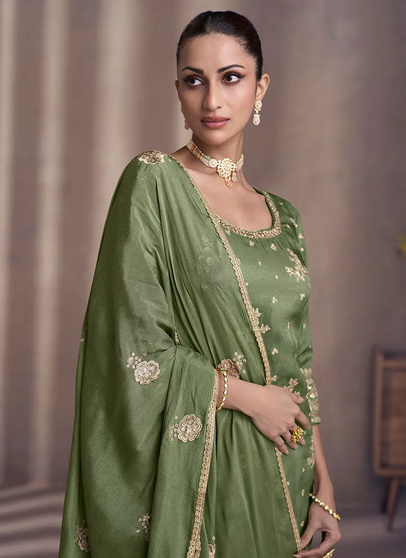 Leaf Green All Over Sequence Embroidery Designer Sharara Suit