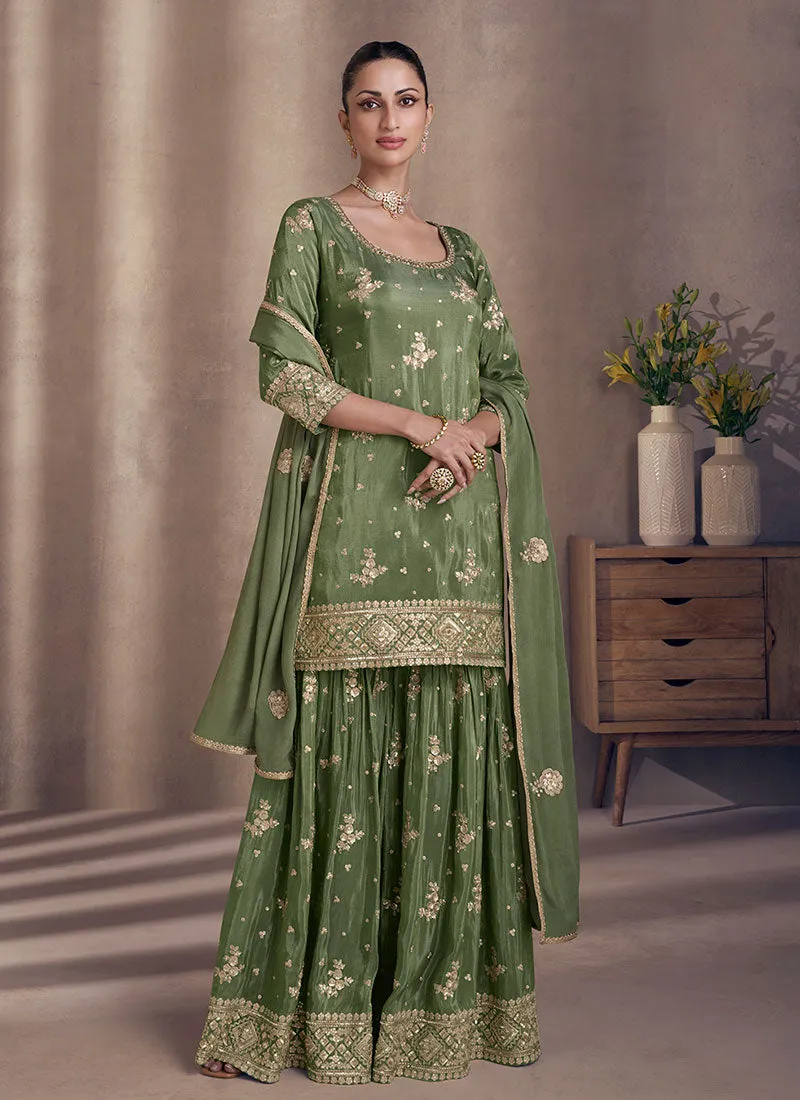 Leaf Green All Over Sequence Embroidery Designer Sharara Suit