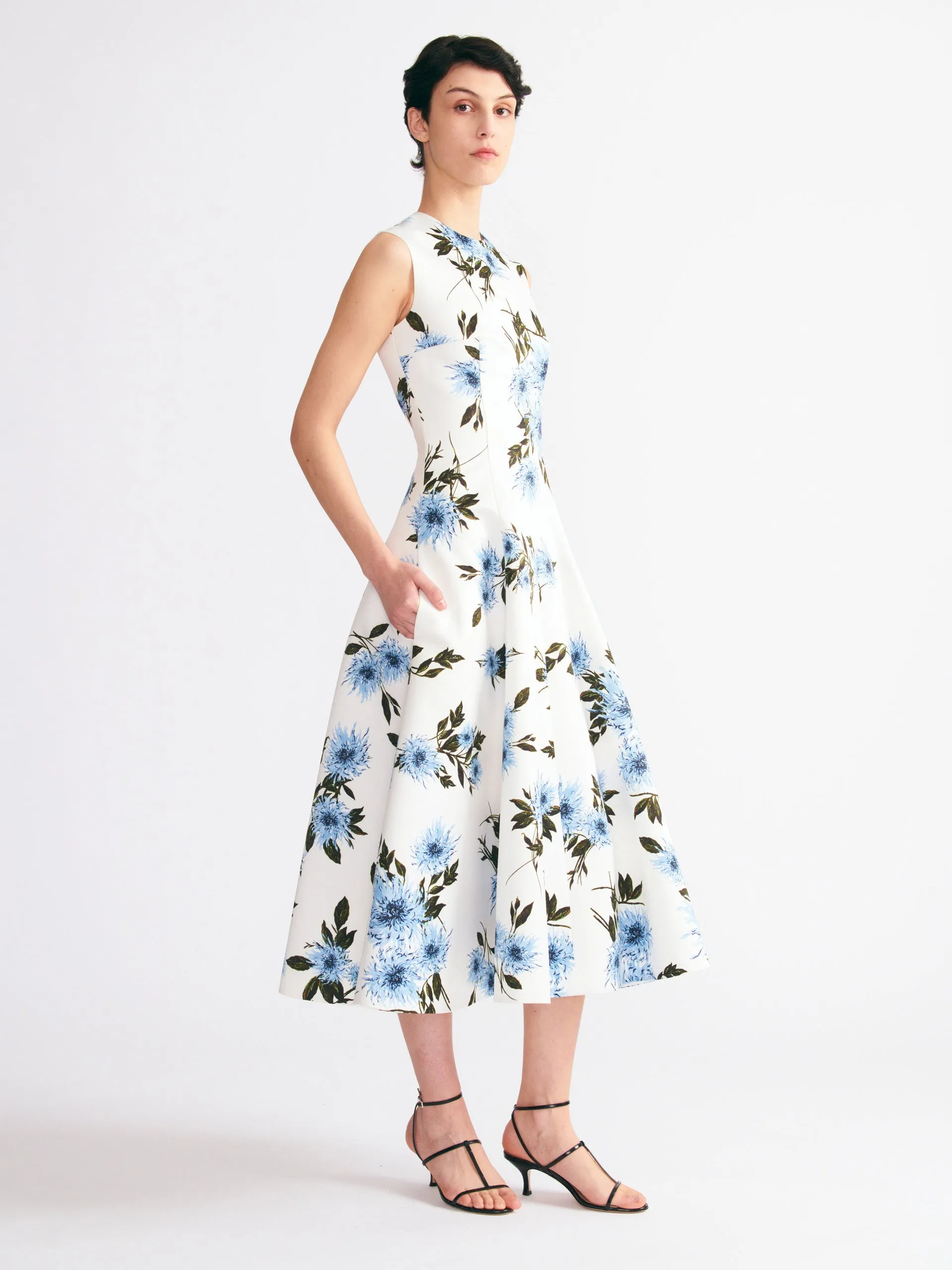 Mara dress in blue dahlia floral print taffeta faille