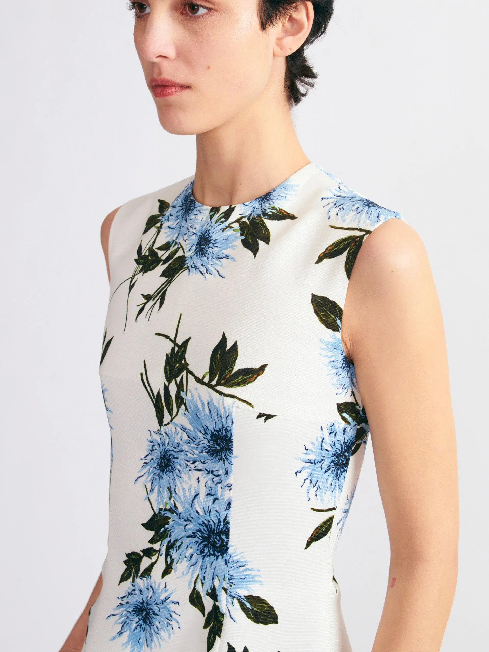 Mara dress in blue dahlia floral print taffeta faille