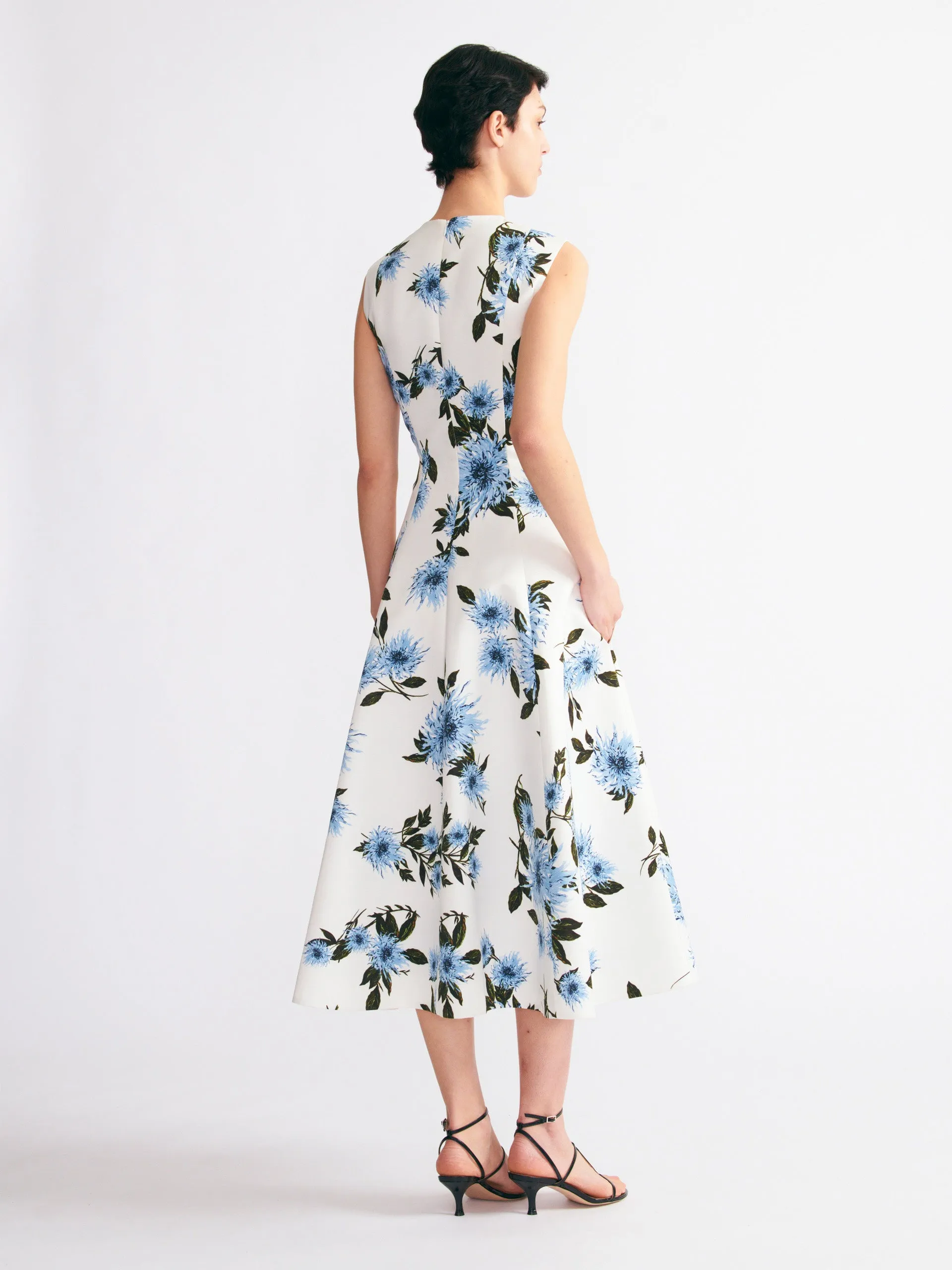 Mara dress in blue dahlia floral print taffeta faille