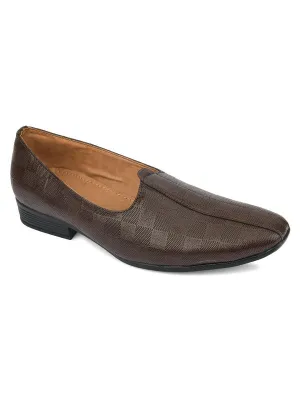 Men's Indian Ethnic Party Wear Textured Brown Heels Footwear - Desi Colour