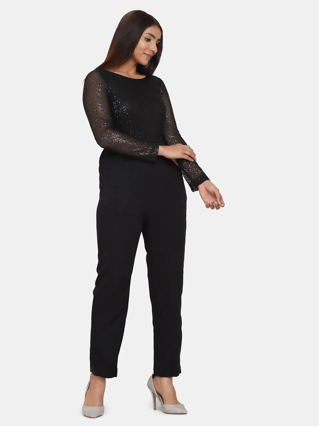 Office Party Sequin Stretch Jumpsuit for Women - Black