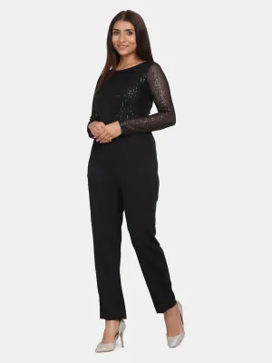 Office Party Sequin Stretch Jumpsuit for Women - Black