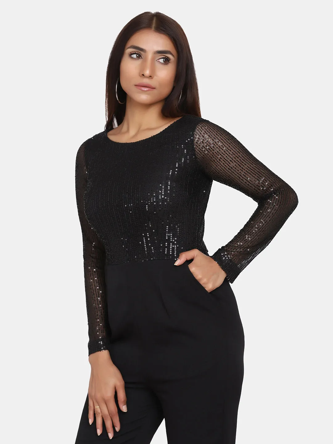 Office Party Sequin Stretch Jumpsuit for Women - Black