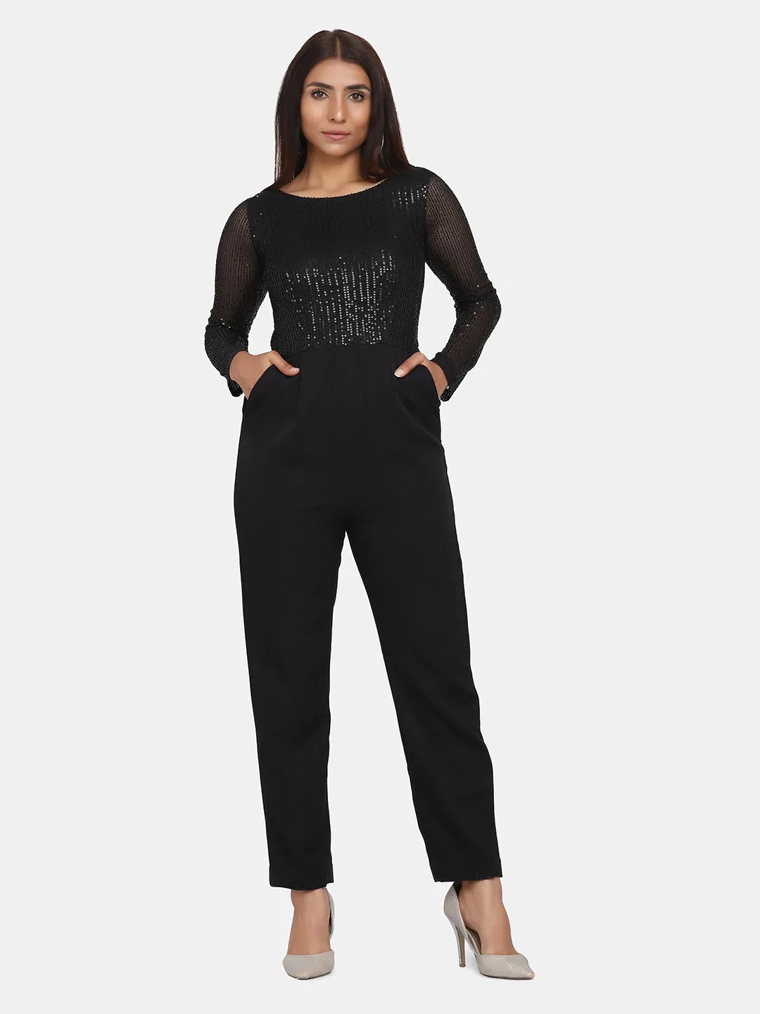 Office Party Sequin Stretch Jumpsuit for Women - Black