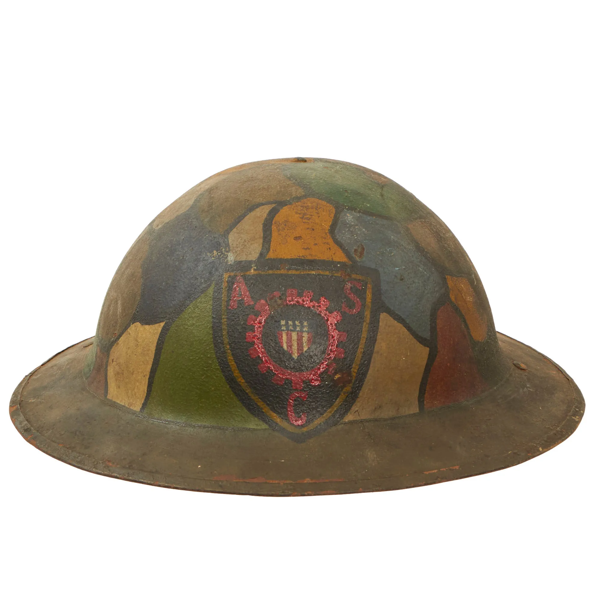 Original U.S. WWI Named Army Service Corps Camouflage Painted British-Made Mk. I Doughboy Helmet with Liner - Prisoner of War Escort Company 85