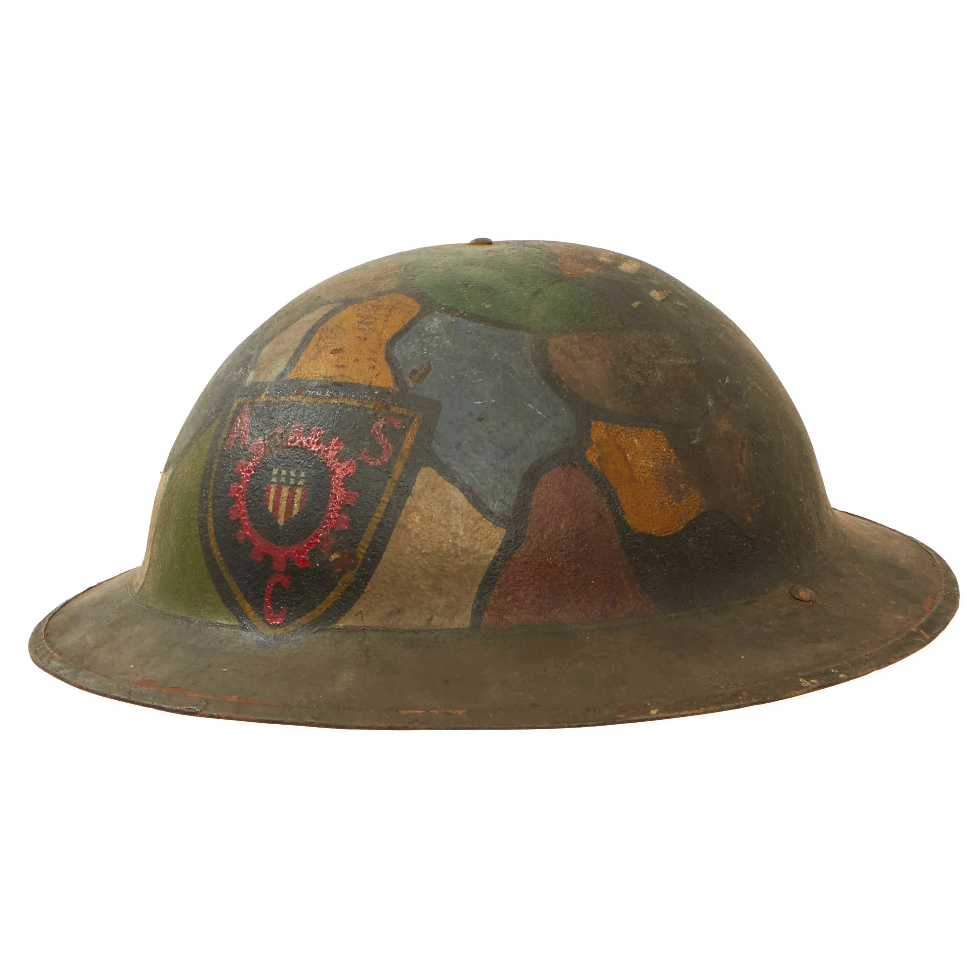 Original U.S. WWI Named Army Service Corps Camouflage Painted British-Made Mk. I Doughboy Helmet with Liner - Prisoner of War Escort Company 85