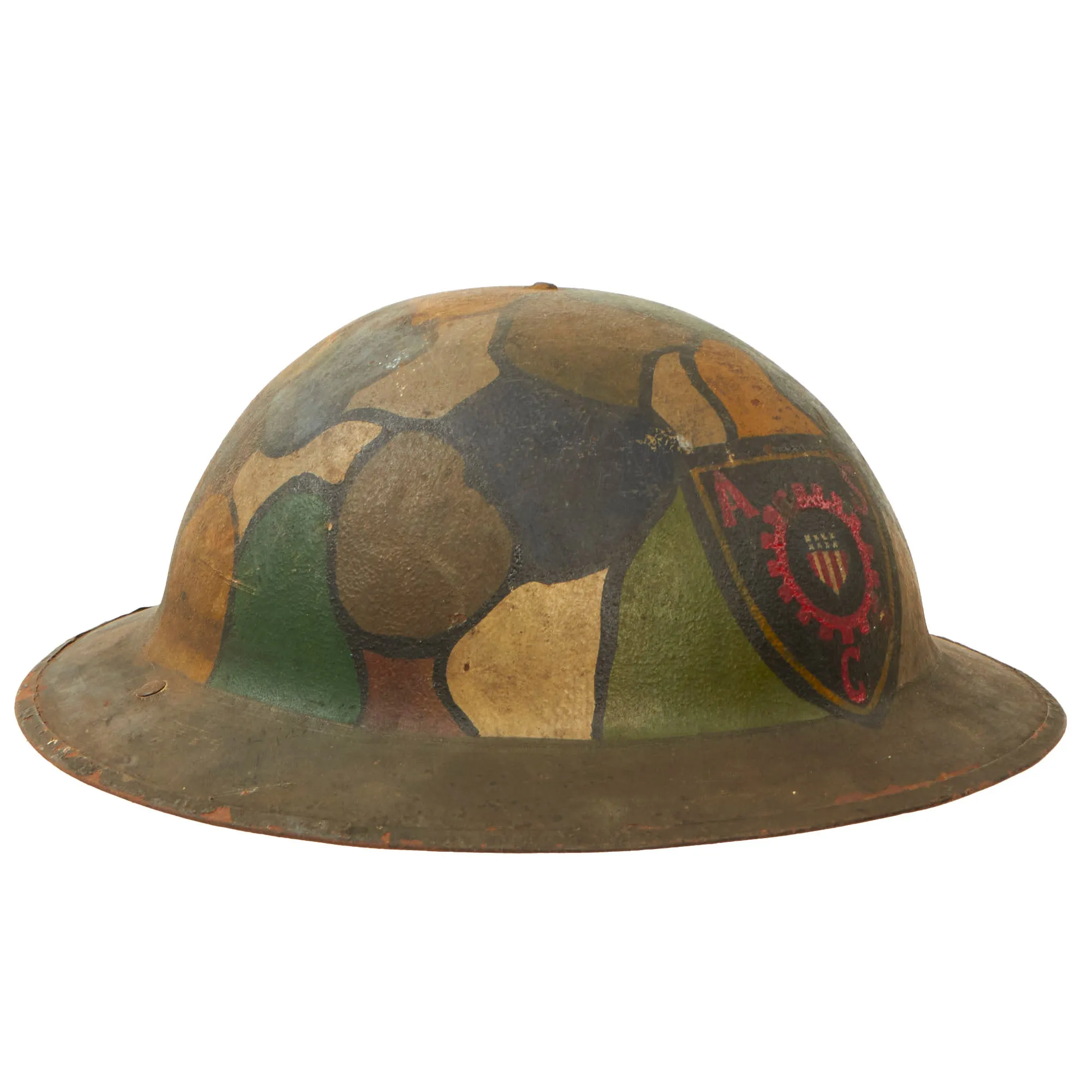 Original U.S. WWI Named Army Service Corps Camouflage Painted British-Made Mk. I Doughboy Helmet with Liner - Prisoner of War Escort Company 85