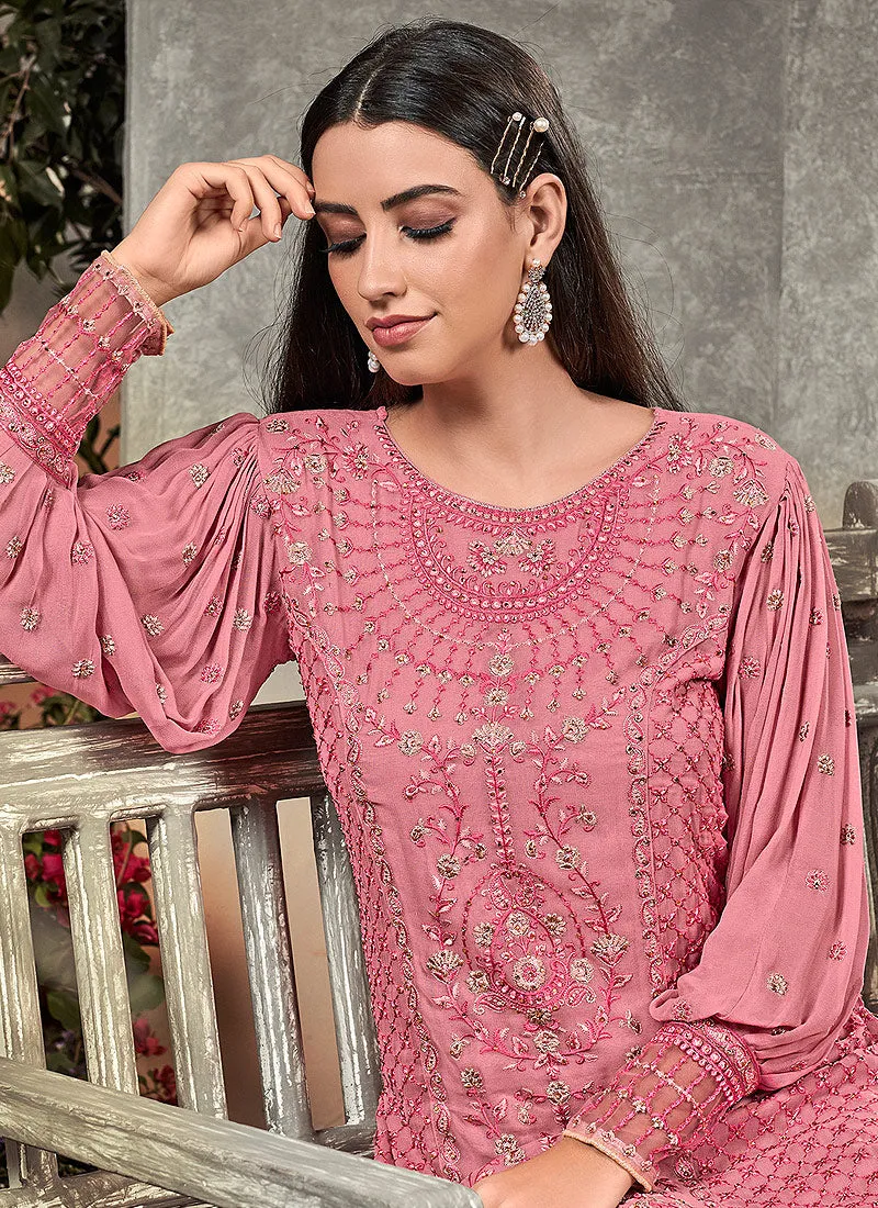 Pink And Beige Floral Embroidered Palazzo Suit