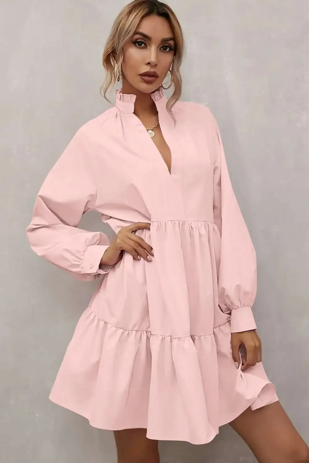 Pink Ruffled Long Sleeve Dress