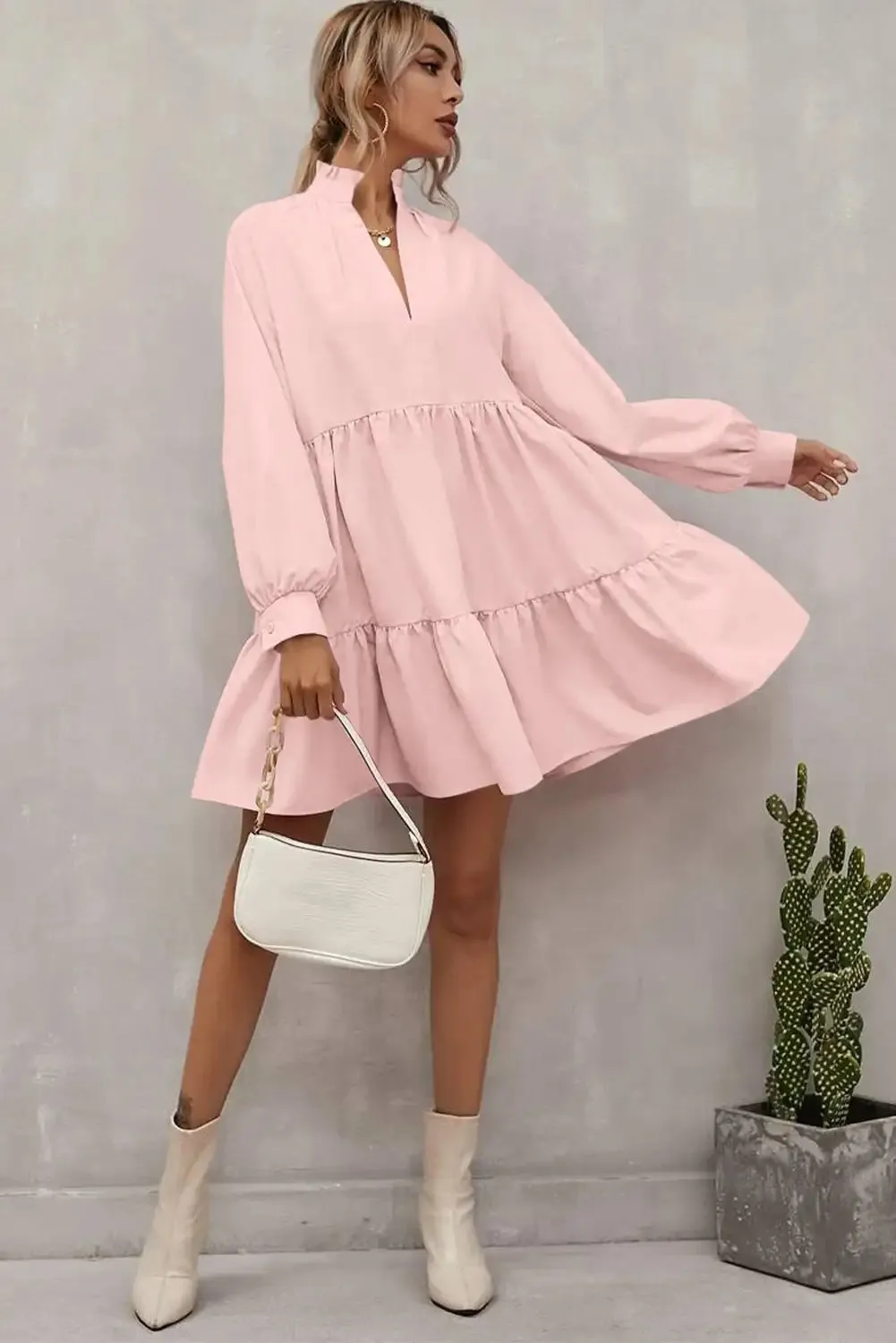 Pink Ruffled Long Sleeve Dress