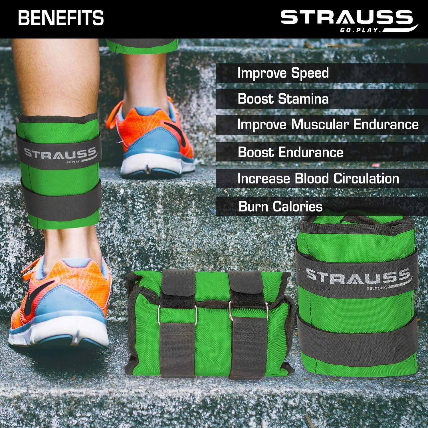 Strauss Adjustable Ankle/Wrist Weights 2.5 KG X 2 | Ideal for Walking, Running, Jogging, Cycling, Gym, Workout & Strength Training | Easy to Use on Ankle, Wrist, Leg, (Green)