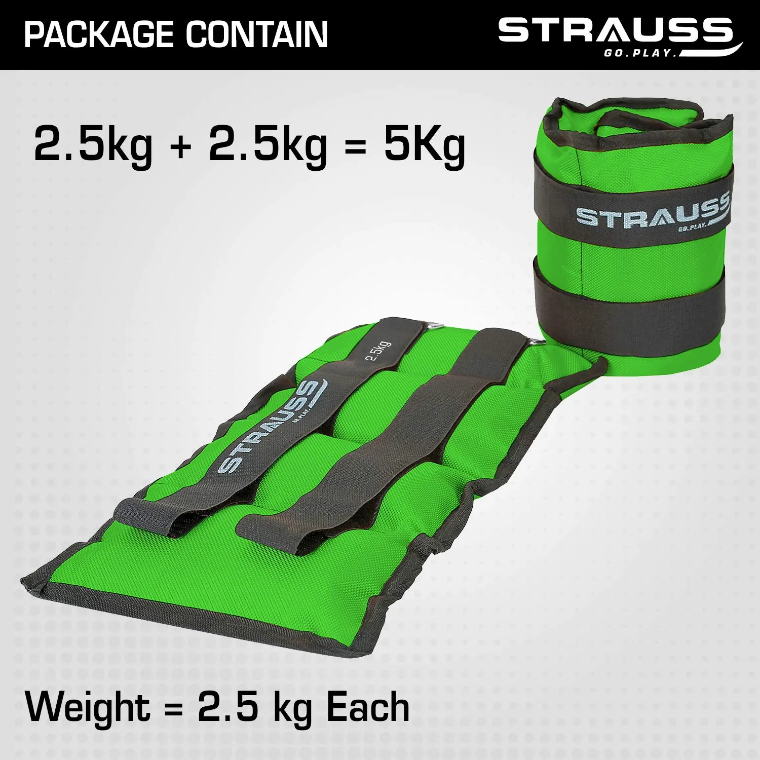 Strauss Adjustable Ankle/Wrist Weights 2.5 KG X 2 | Ideal for Walking, Running, Jogging, Cycling, Gym, Workout & Strength Training | Easy to Use on Ankle, Wrist, Leg, (Green)