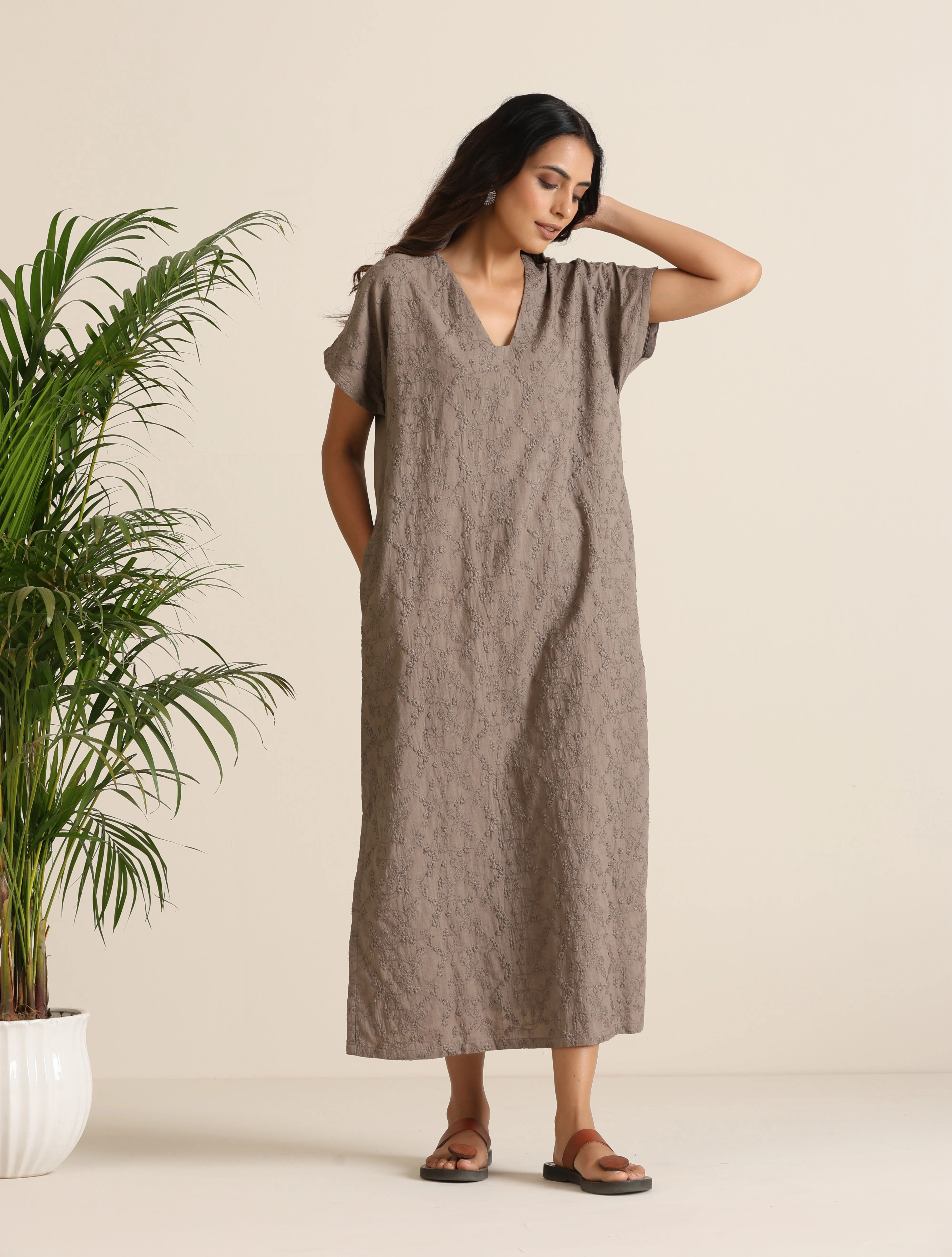 trueBrowns Grey Cotton Embroidered Dress