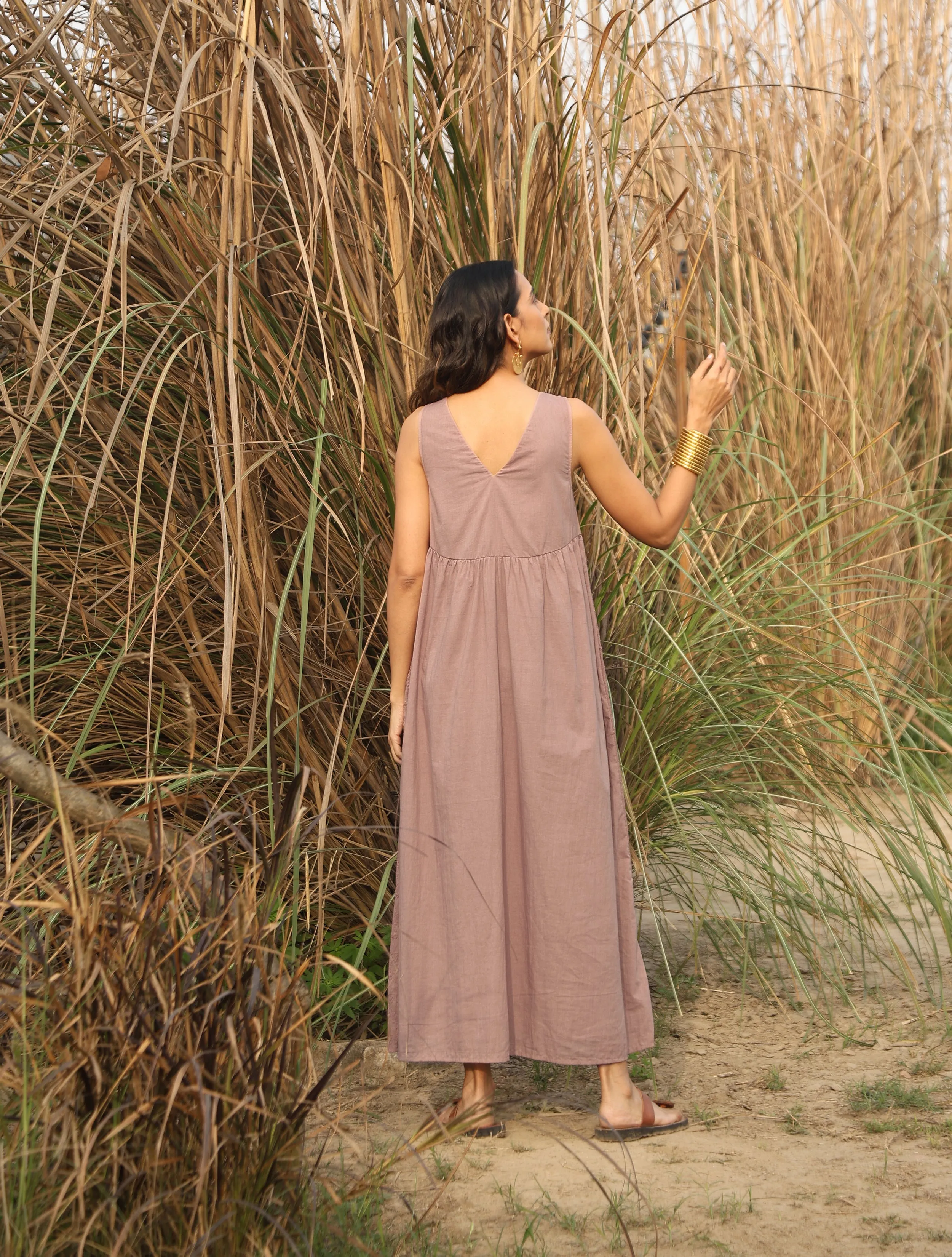 trueBrowns Pink Cotton Embroidered Flared Dress