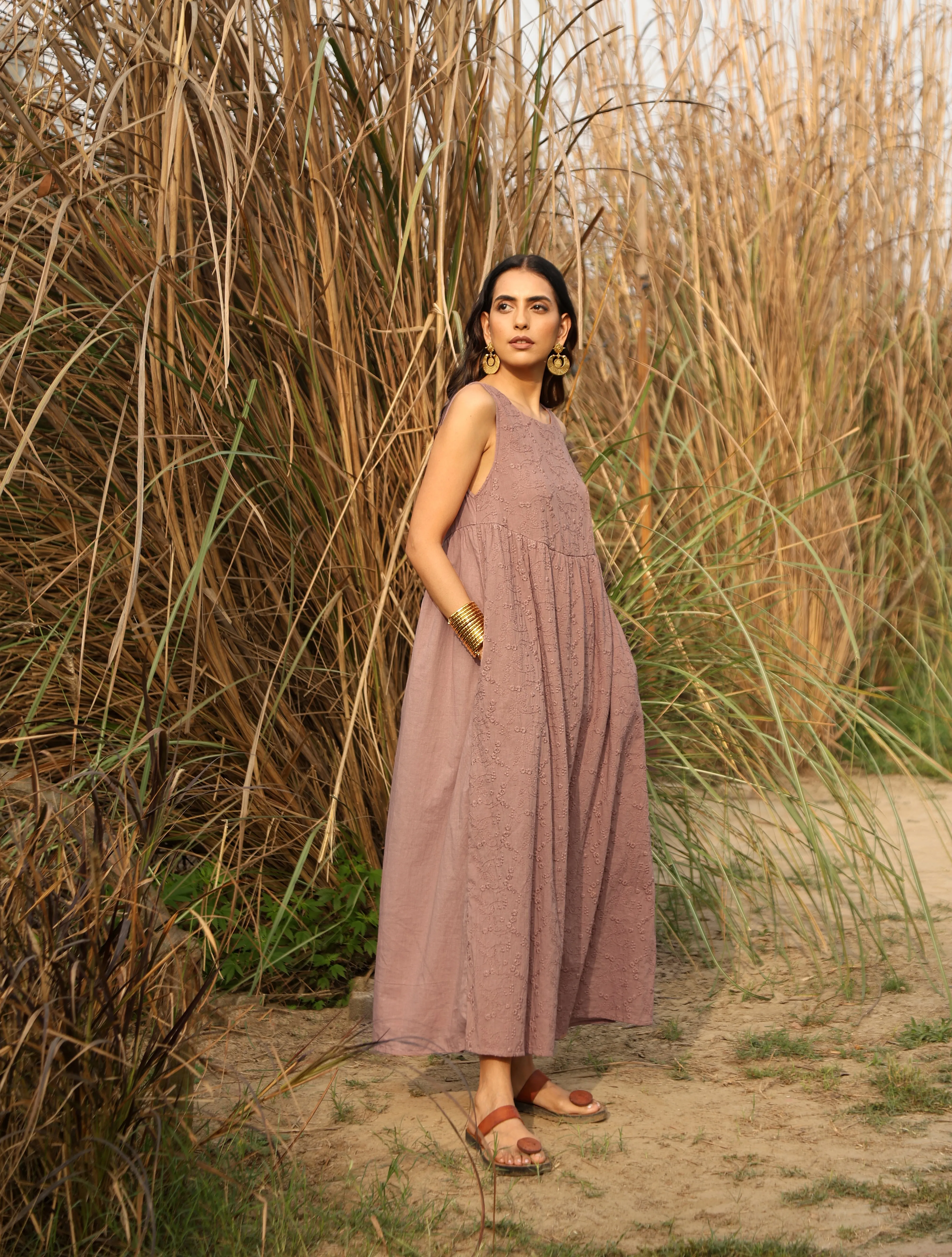 trueBrowns Pink Cotton Embroidered Flared Dress