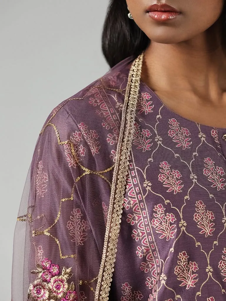 Vark Purple Printed Cotton Blend Kurta with Palazzos and Dupatta