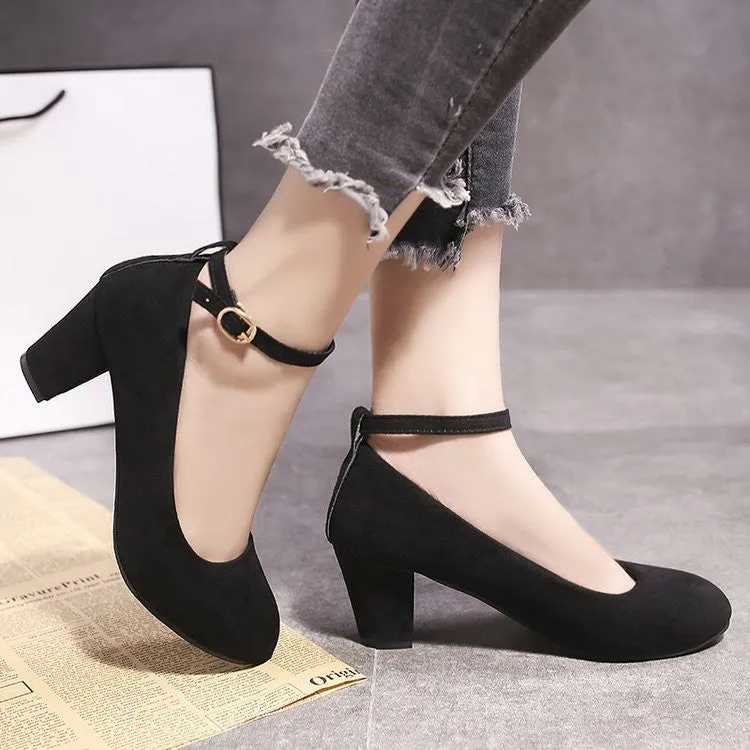 Wenkouban Fashion Women Pumps High Heels Suede Women Shoes Chunky Ankle Work Walking Shoes Sexy Pointed Toe Pumps Ladies Party Shoe